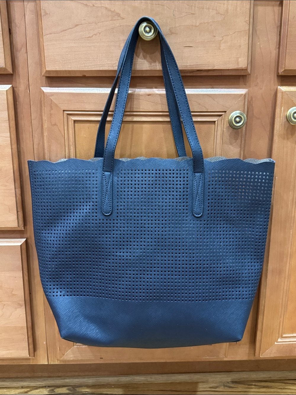 Neiman Marcus Navy Scalloped Rim, Perforated Large Tote Bag